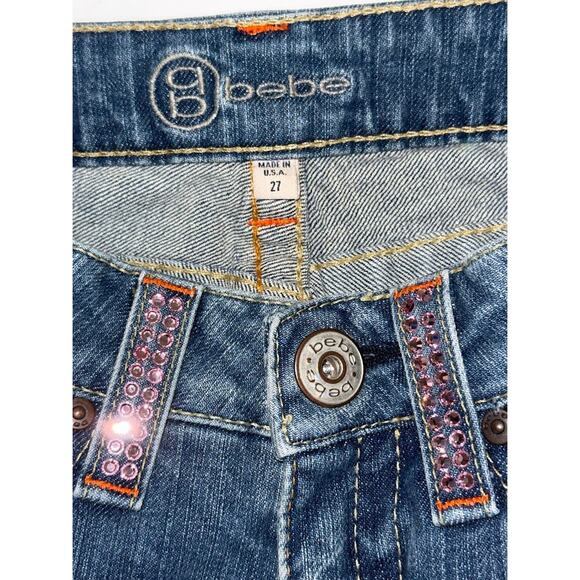 Iconic Y2K Bebe 27 Kayla Jean Pink Bling Rhinestone Spellout Pockets Medium Wash - Picture 5 of 10